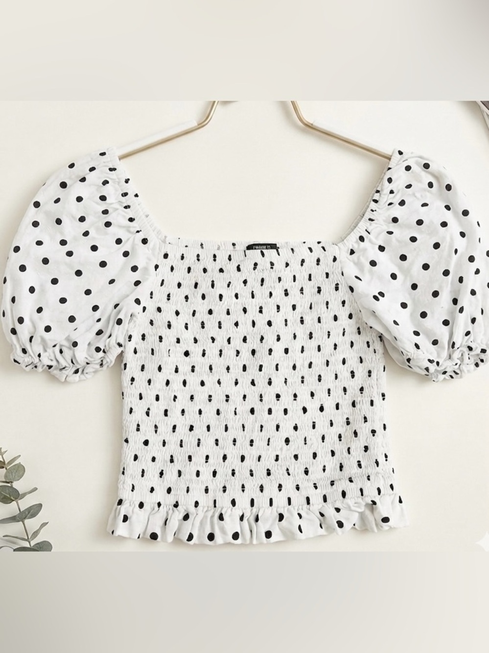 Forever 21 White Crop Top with Black Polka Dots